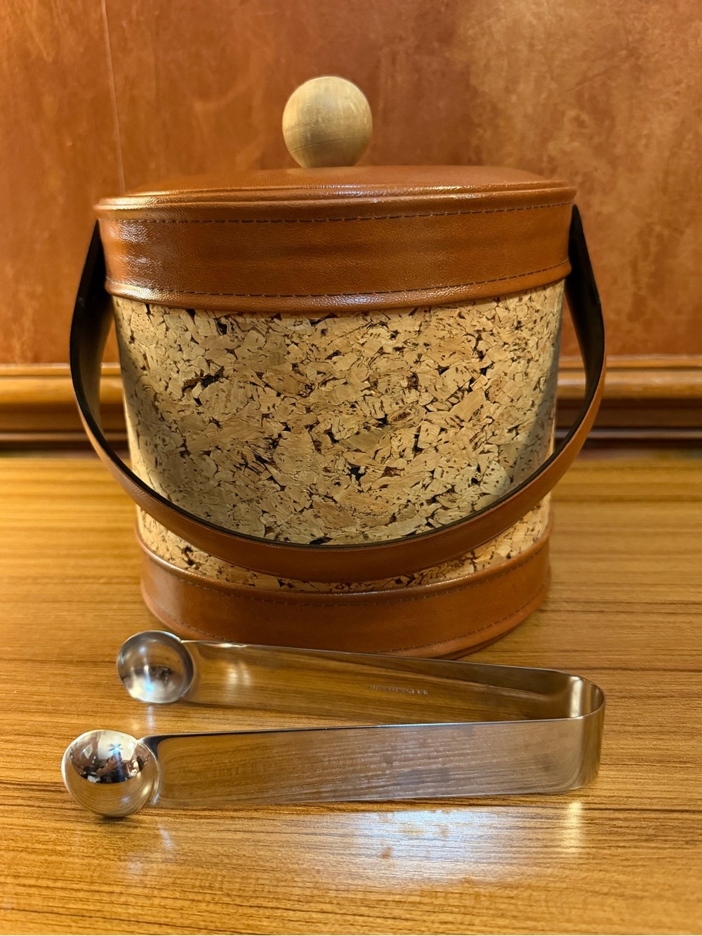 Vintage Mid Century Modern Cork Ice Bucket Faux Leather MCM Barware Tongs Set